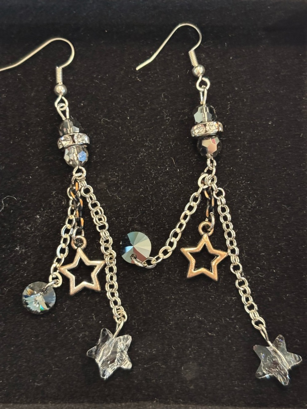 Silver Star Dangle Earrings with Crystal Accents - Women Jewelry